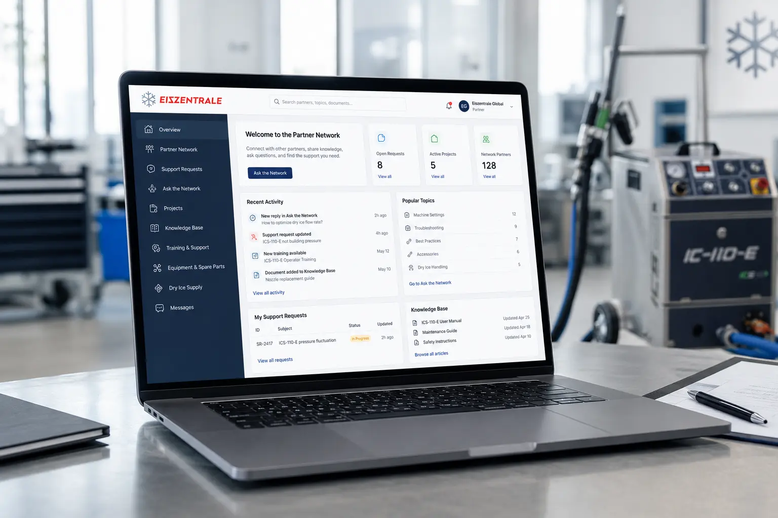 Eiszentrale-Partnerportal mit Netzwerk-Dashboard, Wissensdatenbank und Support