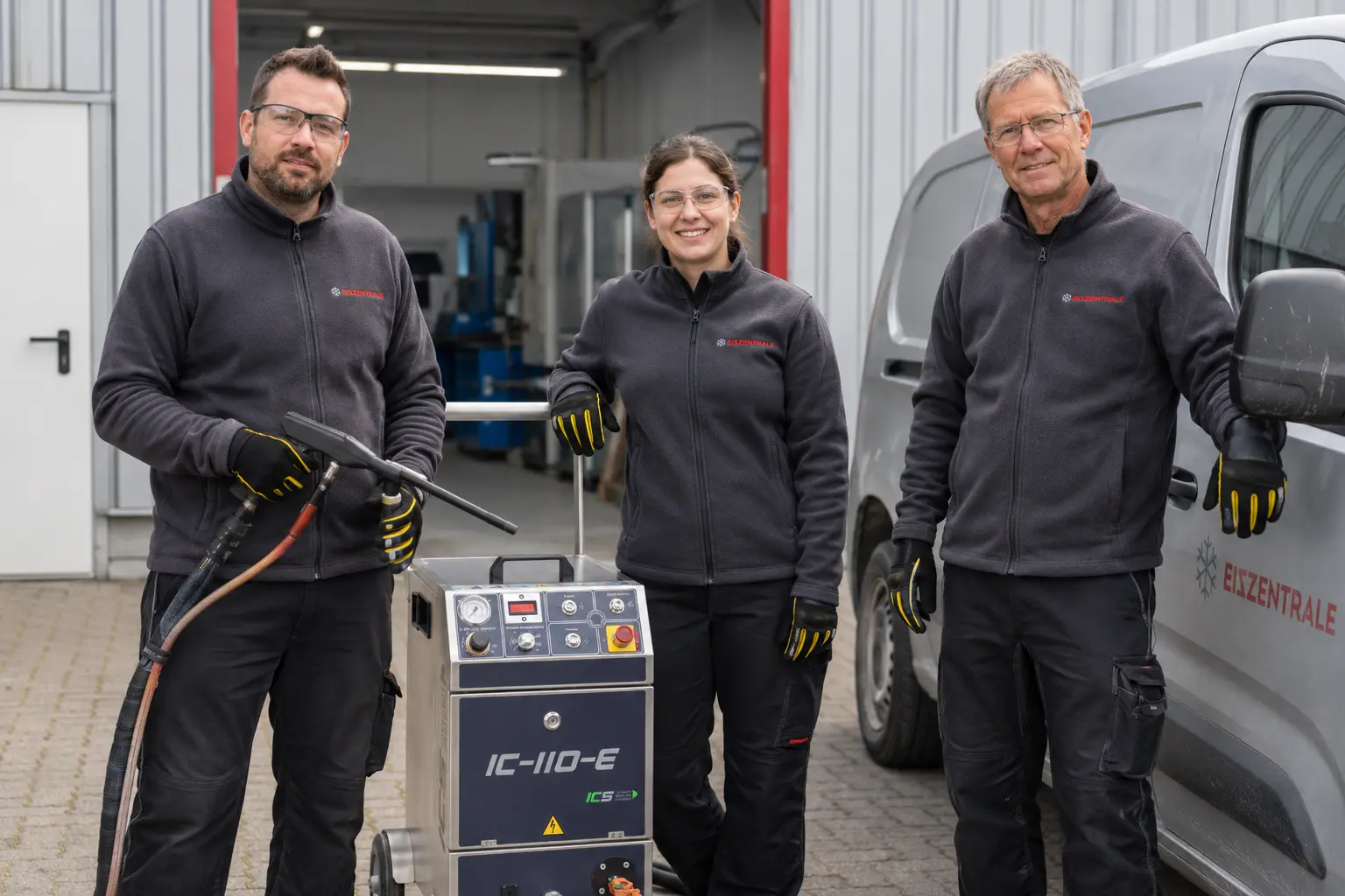 Eiszentrale-Team mit Trockeneisgerät und Servicefahrzeug